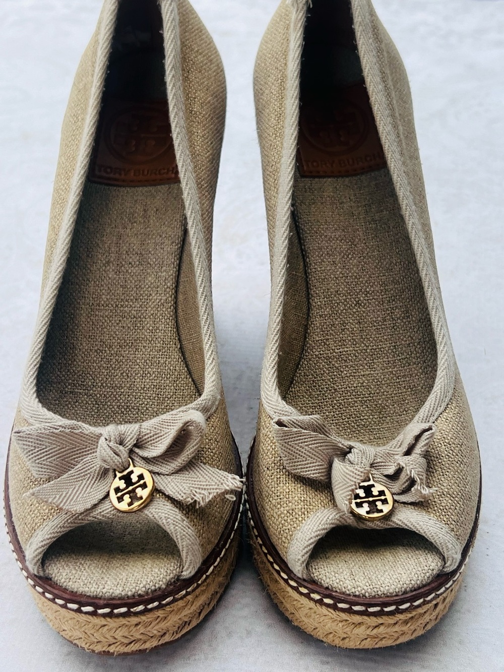 Tory Burch Beige Canvas Peep-Toe Espadrille Wedges with Gold Logo